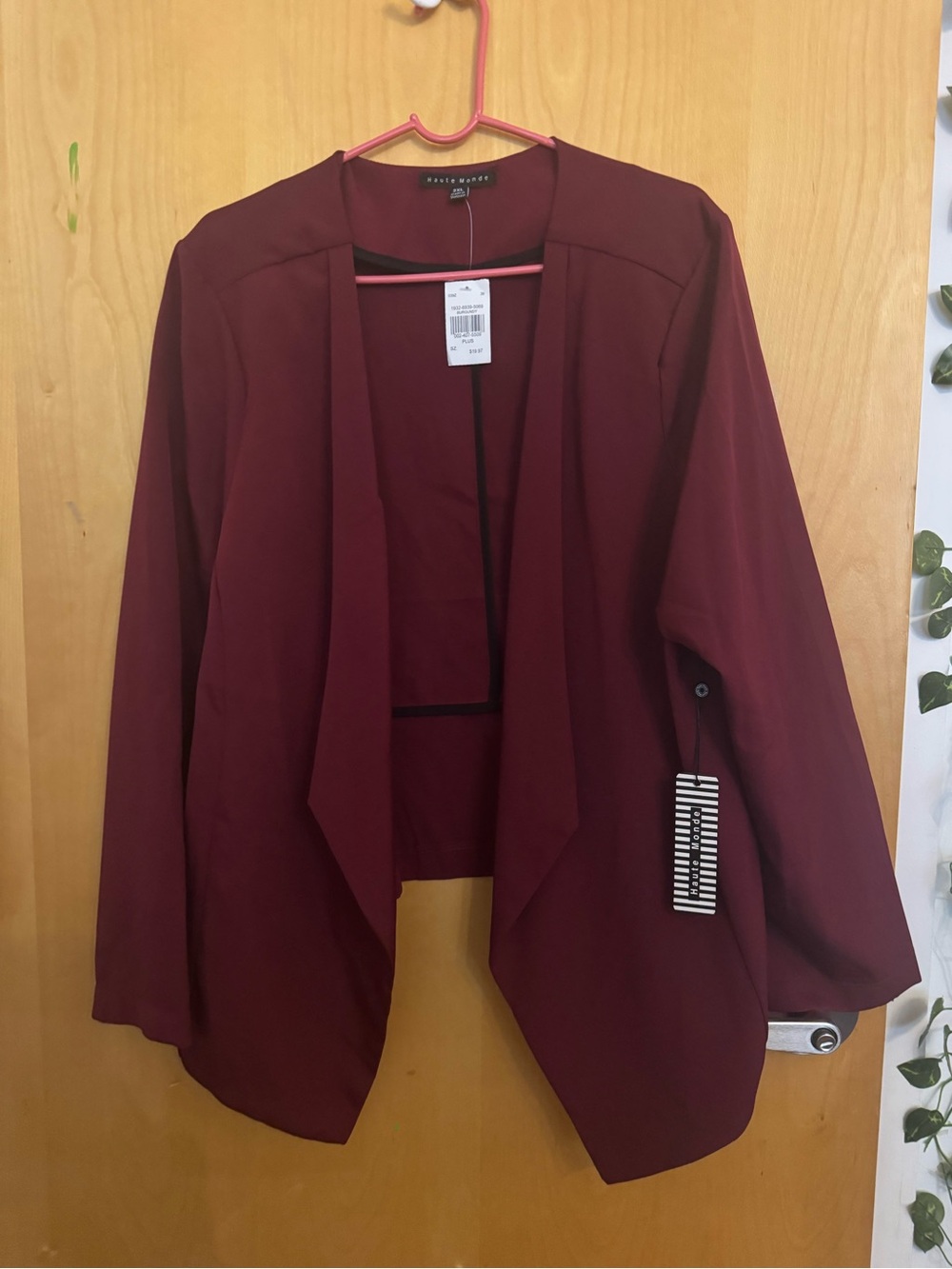 NWT Haute Monde Burgundy Open Front Waterfall Blazer 3XL Plus